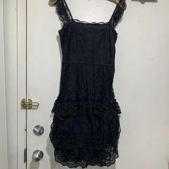 VINTAGE NU-MODE SLIM FIT SLEEVELESS RUFFLE LACE LITTLE BLACK DRESS SIZE S - Picture 3 of 12